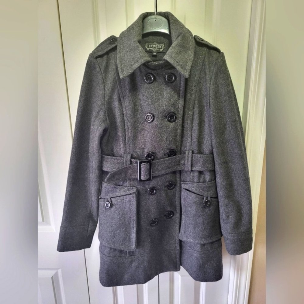 OXYGEN Size Medium Gray Pea Coat With Empire Belt